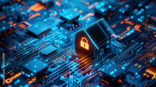 digital house on a circuit board with a glowing orange lock on it.