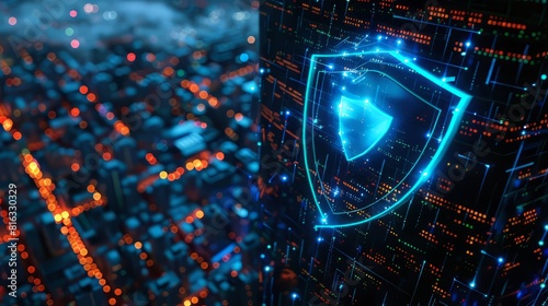 glowing blue and orange circuit board with a glowing blue shield in the center.