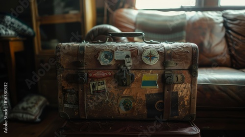 Vintage Suitcase With Stickers For Travel Decoration