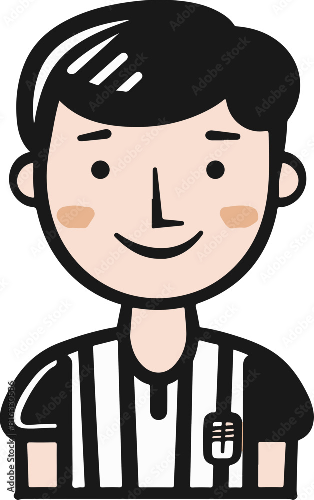 Smiling Cartoon Basketball Referee in Black and White Uniform