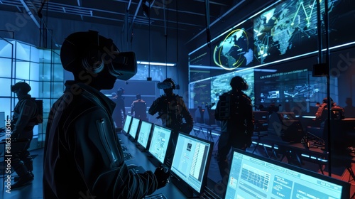 group of soldiers wearing virtual reality headsets train for a mission in a futuristic control room.