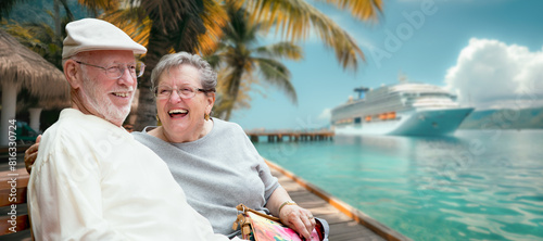 Fotografia Senior Adult Couple Enjoying The View From The Dock with Passenger Cruise Ship In The Background