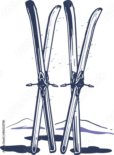 Crossed Skis in Mountain Landscape Illustration
