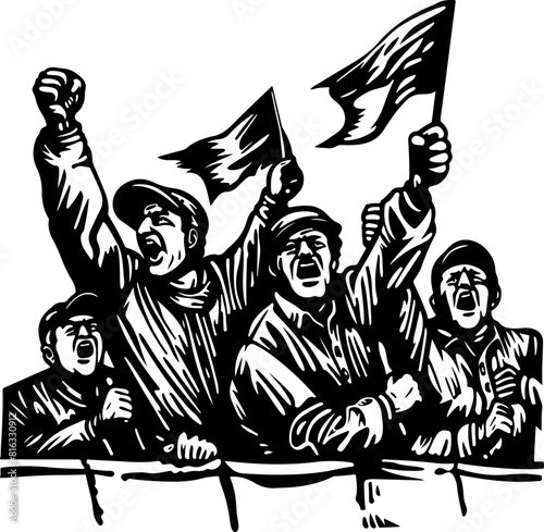 Illustration of Passionate Protesters with Raised Flags