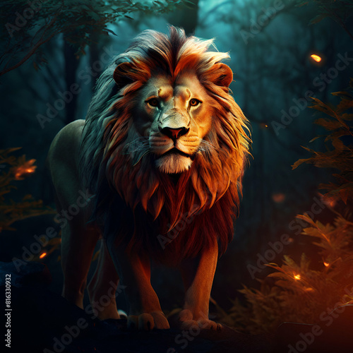 A wild lion on the night forest isolated abstract dramatic background photo photo