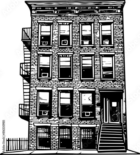 Vintage New York Brick Apartment Building Illustration