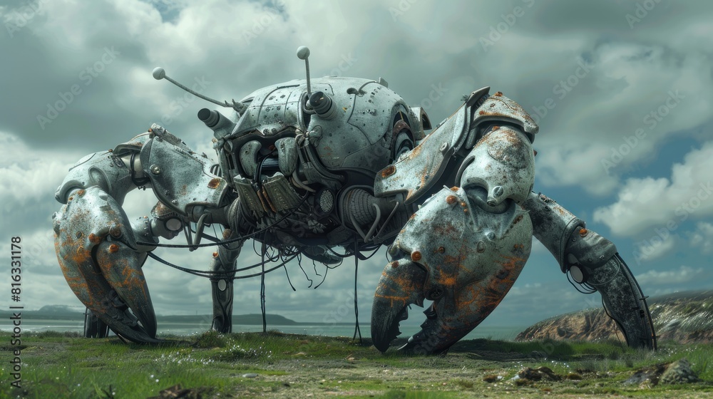 Fototapeta premium Futuristic robot crab with beach background.