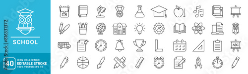 Vector collection of school icons.
Study, student, ranking, school tools.
Template editable stroke EPS 10