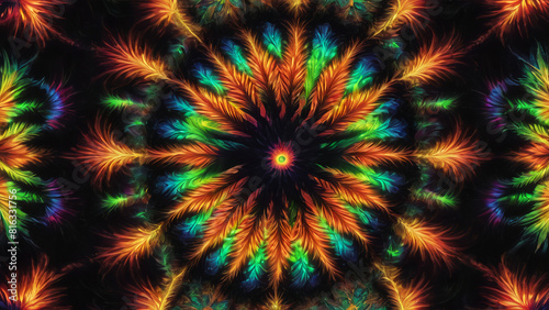 Colorful kaleidoscope flower ornament pattern on black backdrop