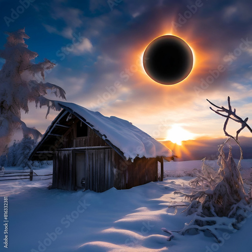 The beauty of a solar eclipse over a hut in the snow