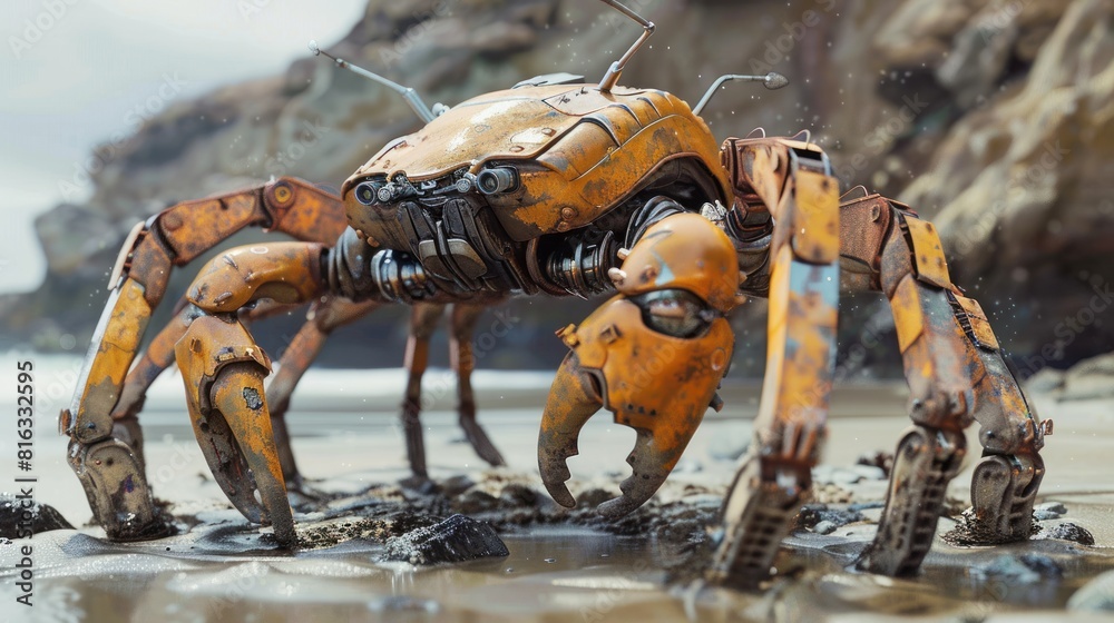 Fototapeta premium Futuristic robot crab with beach background.