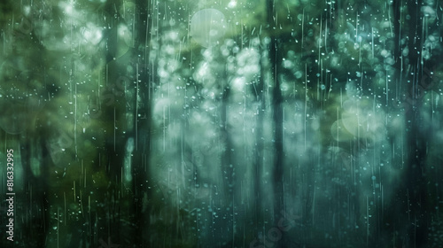 Rainy Forest Greenery   Blurred backdrop with soft lighting and raindrops