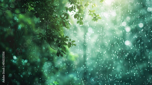 Rainy Forest: Serene Blurred Background in green tones