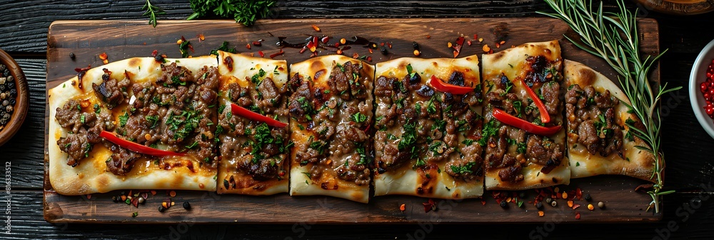 Turkish Etli Ekmek Turkish Flatbread with Meat, fresh foods in minimal style
