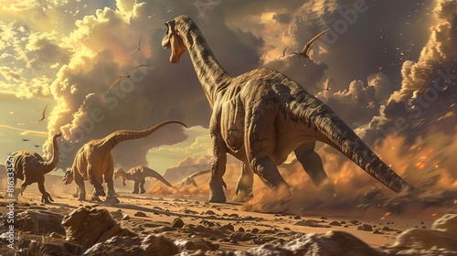 An actionpacked depiction of a Brachiosaurus being chased by a pack of smaller predatory dinosaurs  showcasing its size and strength in defense  Close up