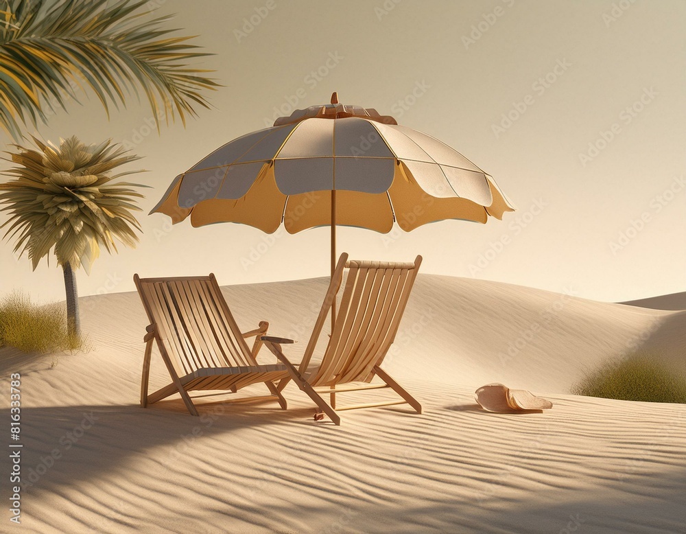 Summer vacation concept. Beach chair with umbrella and beach accessories for active rest on the sandy island. Tropical background for summer postcard, flyer, poster. 3D illustration, copy space.