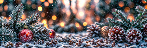 Christmas tree Snow-Dusted Pine Branches with Vibrant Red Baubles,Festive Winter Wonderland -, Golden Pine Cones, and Twinkling Bokeh Lights, Seasonal Background photo