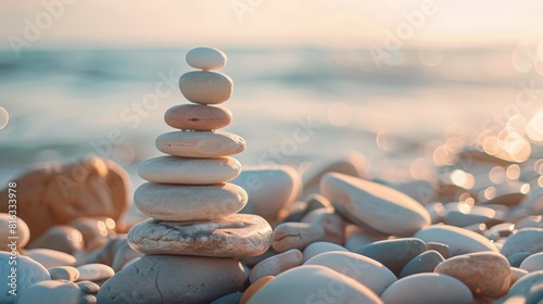 Zen Stones Stacked On Beach At Sunrise