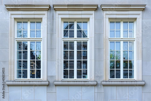 A Row of Three Windows with White Frames and Brown Shutters