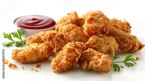 Crispy fried chicken pieces with a side of dipping sauce photographed on a white background
