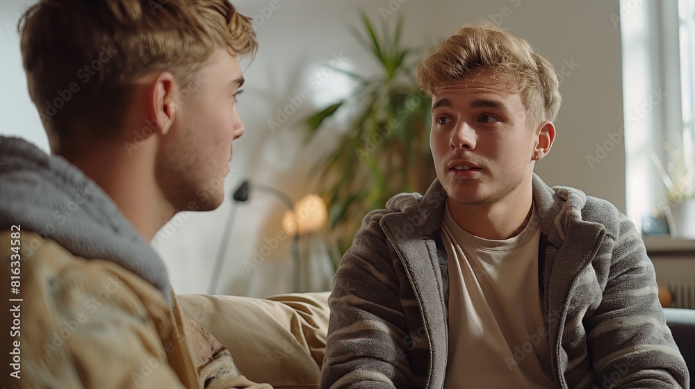 Two young people, twins, in video interview style, sitting on green sofas and talking to the camera, in beige and gray colors, with a modern office background. Two young people, twins, in video interview style, sitting on green sofas and talking to the camera, in beige and gray colors, with a modern office background.