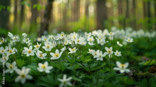 View of nemorosa anemones growing in the spring forest. photo