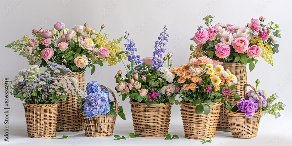 Colorful Bouquets in Woven Baskets Colorful Bouquets in Woven Baskets