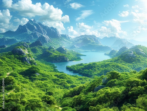 Stunning Aerial View of Lush Green Tropical Forest Surrounded by Mountains and Serene Blue Lake Under a Bright Sky with Fluffy Clouds