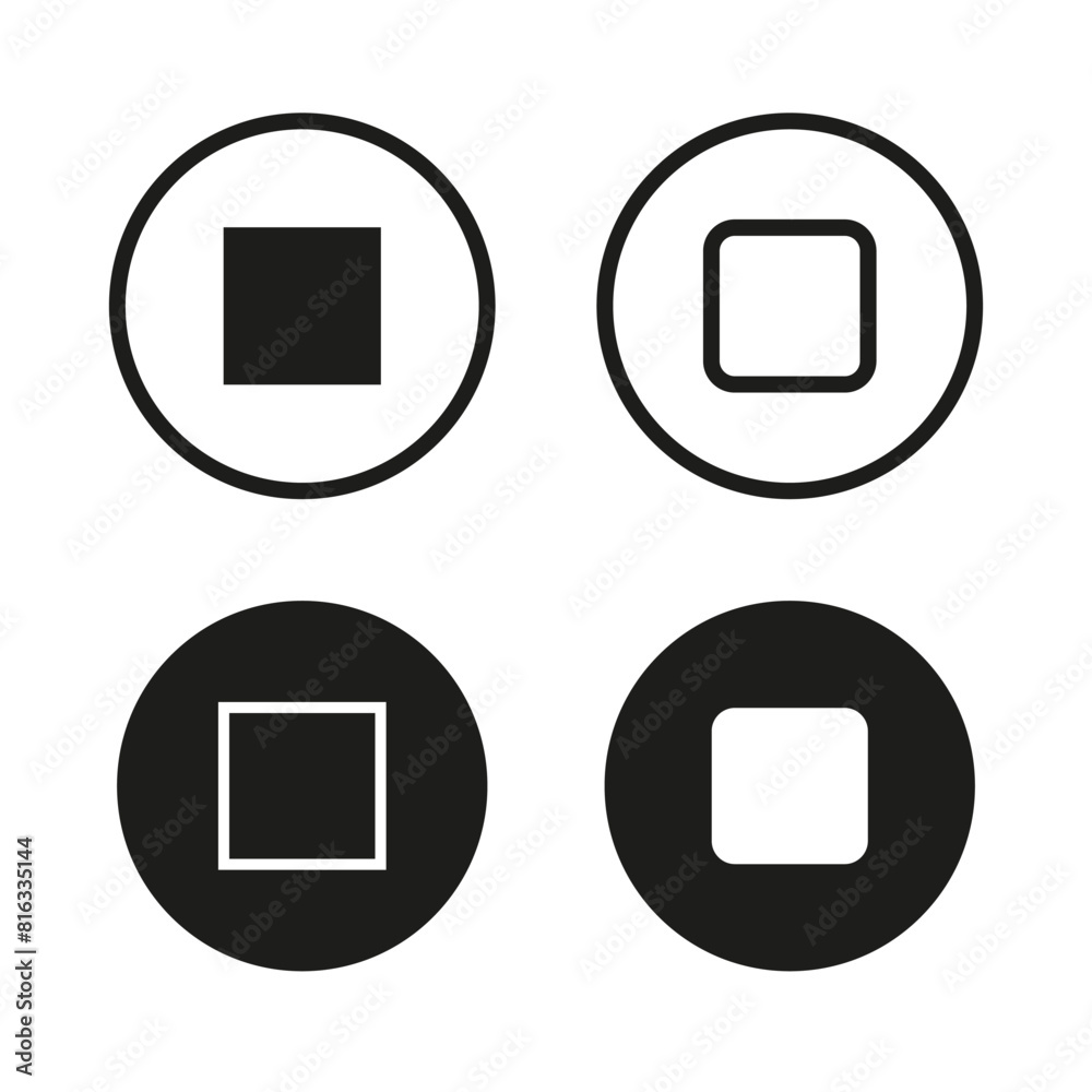 Geometric square icons within circles. Vector contrast shapes set. Black and white minimal design.