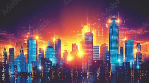 Vibrant futuristic cityscape illuminated by glowing lights and futuristic buildings during a mesmerizing sunset  blending technology and nature