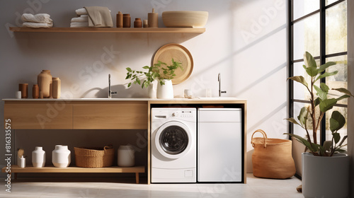 Cozy Laundry Room with Wooden Shelves and Decorative Items