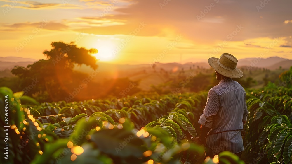 Farmer working on coffee field at sunset outdoor