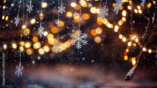 Close-up of Delicate patterns Snowflake  Festive Bokeh Lights  and Gentle christmas Snowfall on a Magical Evening Winter Wonder background