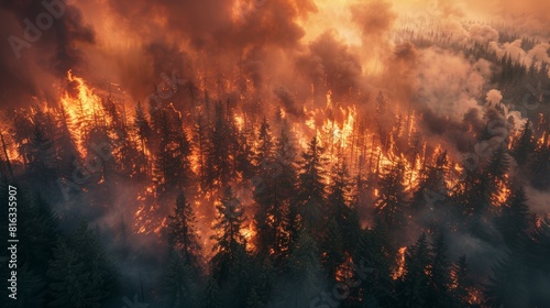 Aerial view of a forest fire  with flames engulfing trees in the jungle