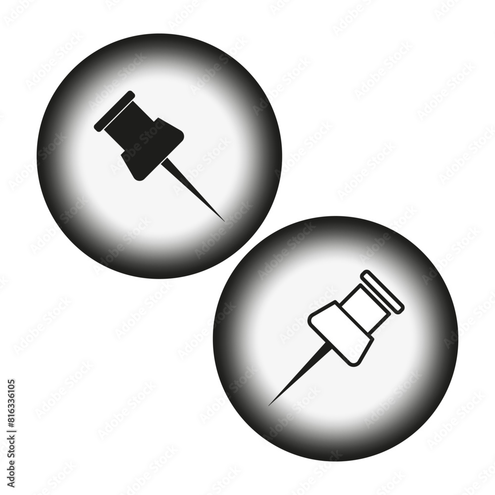 Pushpin silhouette. Syringe outline. Vector icons set. Office and medical supplies. Pushpin silhouette. Syringe outline. Vector icons set. Office and medical supplies.