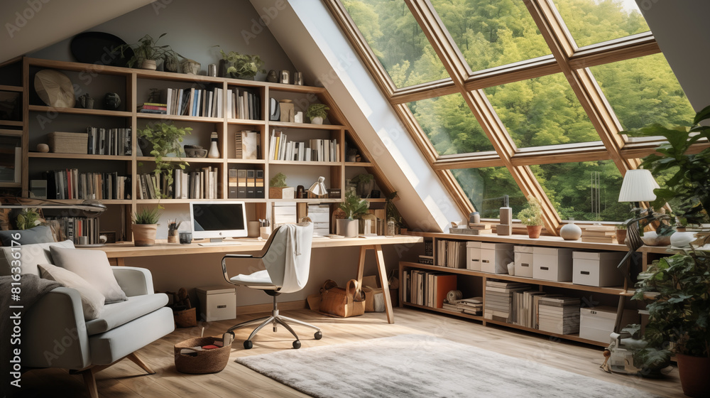 Modern Attic Office with Large Windows and Wooden Bookshelves Modern Attic Office with Large Windows and Wooden Bookshelves