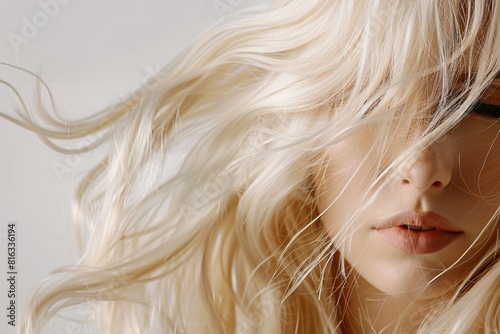 Blonde Woman with Wind-Swept Hair and Tearful Expression