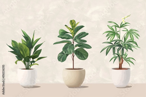 Three Vases with Different Plants Showcasing Variety