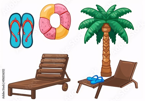Summer Vacation Pack: Lounge Chair, Beach Towel, Flip-Flops, Life Ring, and Palm Tree