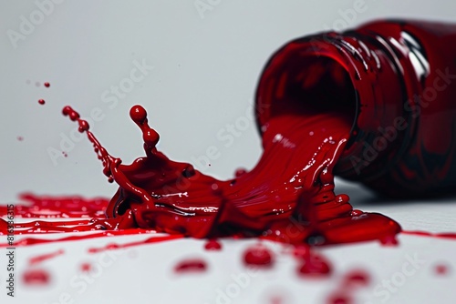 Ink Splatter: Bottle of Red Ink on a White Surface