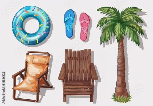 Summer Fun Collection: Floating Ring, Poolside Chair, Pair of Flip Flops, and Palm Tree