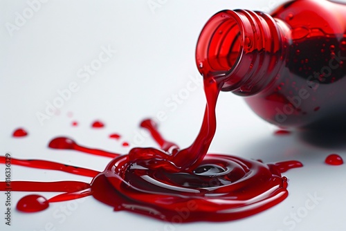Red Liquid Bottle with Splatters on Surface
