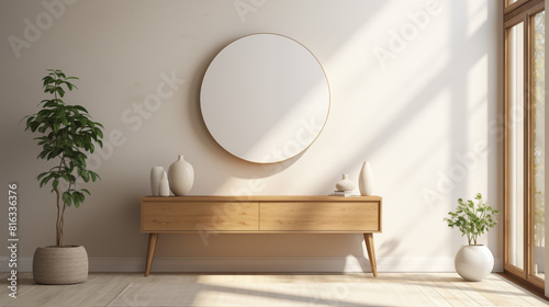 Bright Minimalist Interior with Wooden Console and Circular Mirror