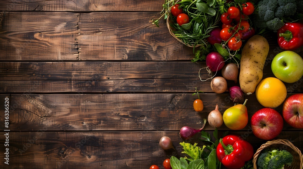 Fresh farmers market fruit and vegetable from above with copy space on brown wood Fresh farmers market fruit and vegetable from above with copy space on brown wood