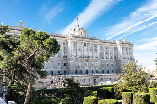 Photography facade of Royal Palace of Madrid and Sabatini gardens, Spain