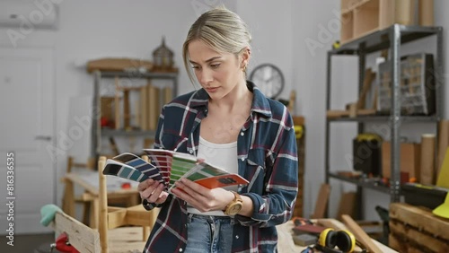 Wallpaper Mural Caucasian woman in workshop selecting colors with a swatch book, surrounded by tools and woodwork. Torontodigital.ca