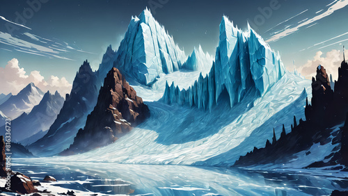 Comic drawing style of winter blue ice cold mount background