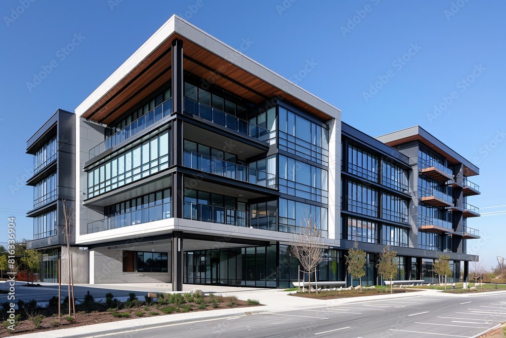 Modern Corporate Building with Glass Exteriors Modern Corporate Building with Glass Exteriors