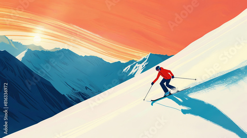 Feel the freedom of downhill skiing as depicted in our illustration, showcasing a skier effortlessly navigating a sun-drenched, secluded mountain terrain. photo