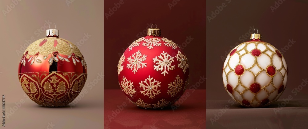 Christmas Ornament Display: Red, Gold, and Silver Festive Decorations